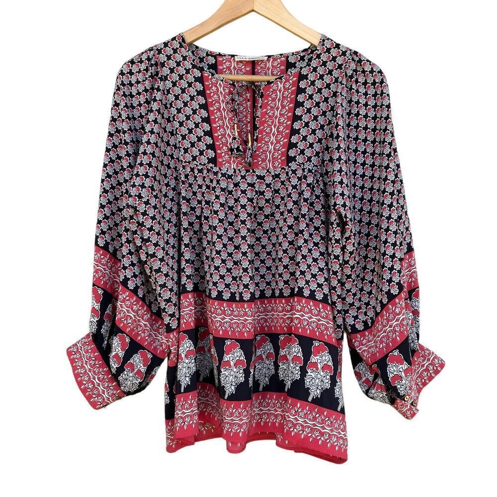 Ulla Johnson Bea Silk Blouse Size 8 Indian Floral Print Tasseled Neck Ties - Picture 6 of 7